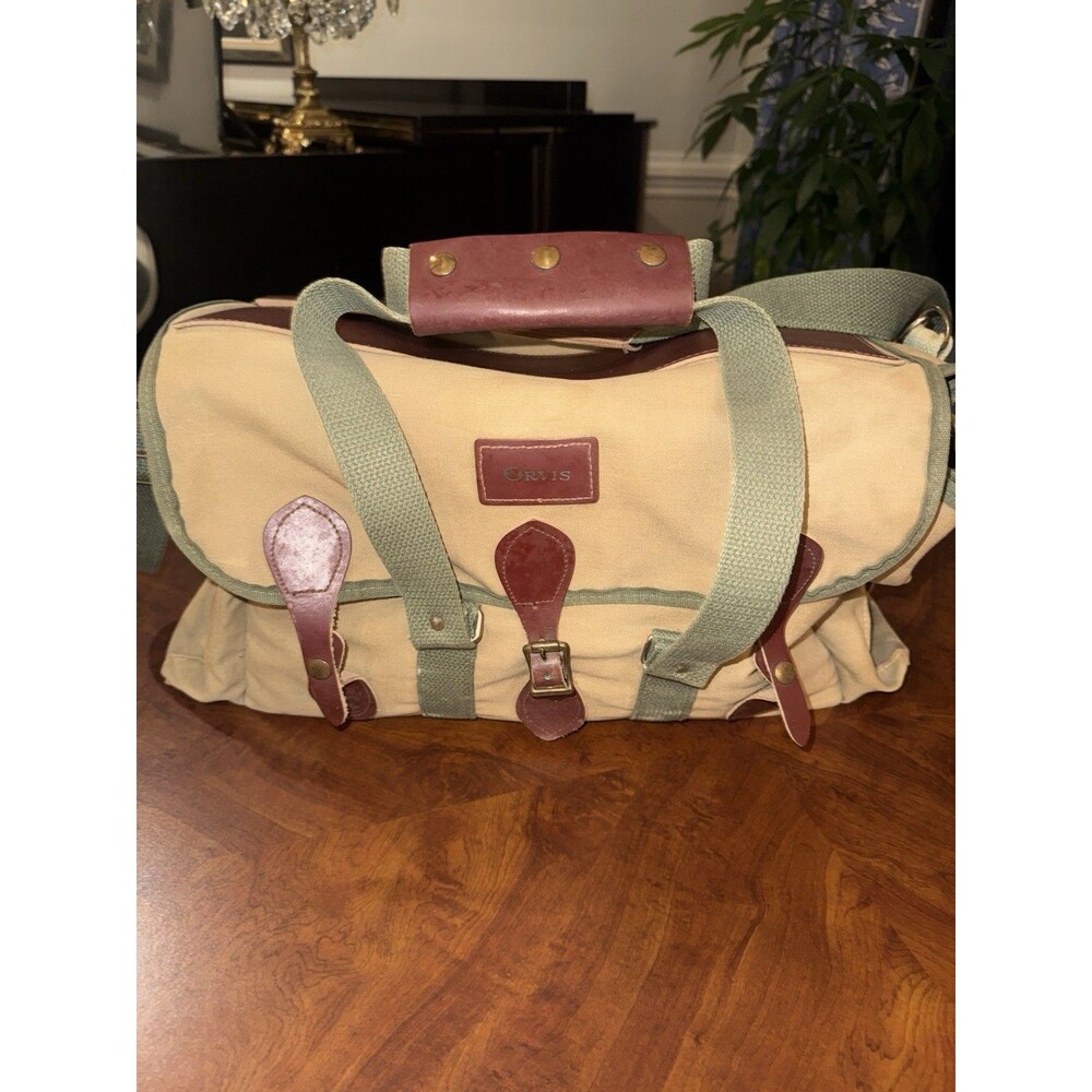 Vintage Orvis Fly Fishing Tote Tackle Gear Tan Canvas & Leather Duffel Field Bag